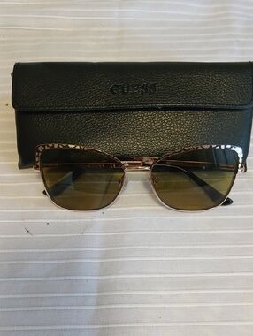 GUESS Leopard-Trim Cat Eye Sunglasses - Gold Frame, Brown Lenses